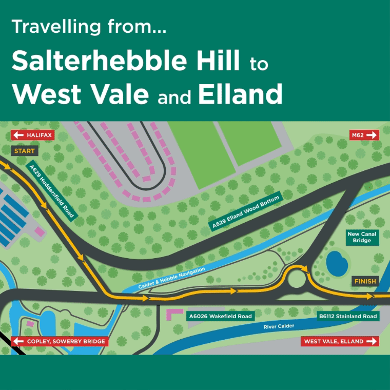 View of the area with arrow linking Halifax to West Vale via the Salterhebble slip road and A6026 Wakefield Road.